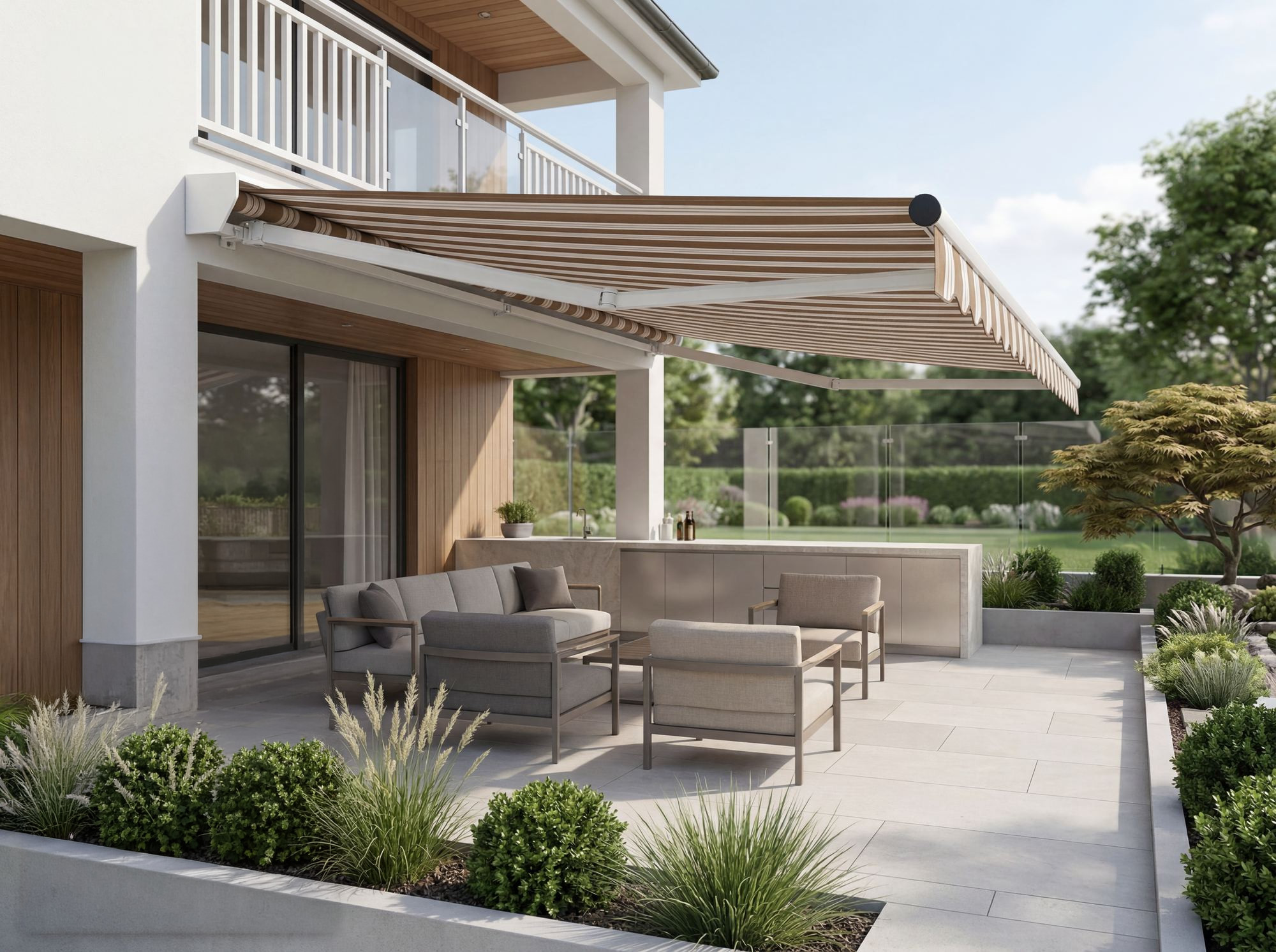 Legend lateral-arm awning extended over a residential patio with outdoor seating, seen from the side
