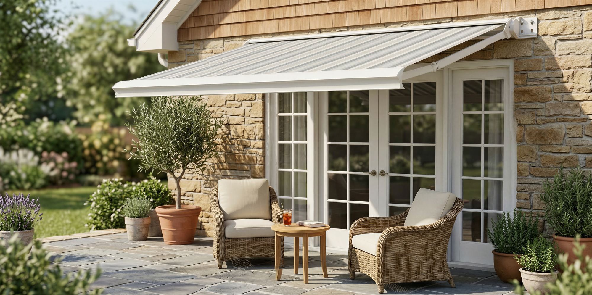 Salute awning shading a stone patio with French doors, potted olive trees and wicker seating
